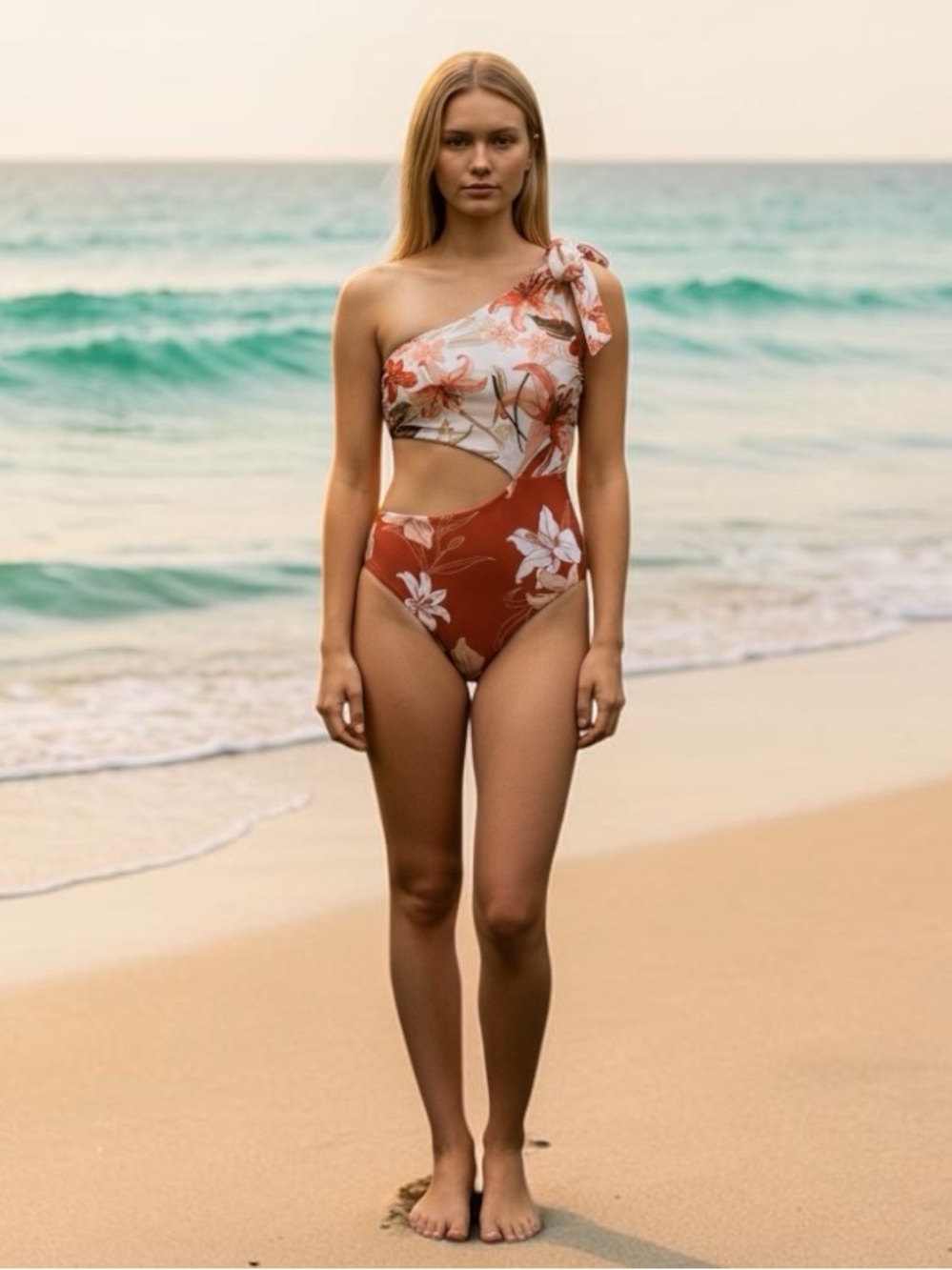 Phax Floral  Coral One-Shoulder Women's One-Piece Monokini Swimsuit Sz Small NWT
